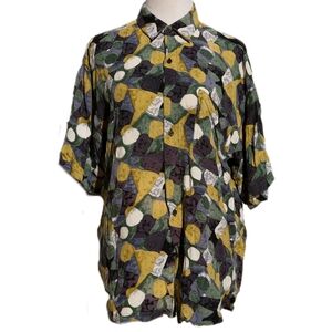 Vintage City Streets Short Sleeve Rayon Button Down Shirt, M, Green, Blue